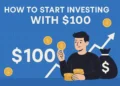 Illustration of a man holding coins with a financial growth chart, representing how to start investing with $100.