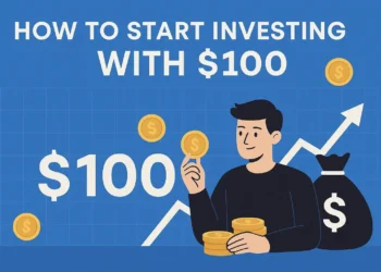 Illustration of a man holding coins with a financial growth chart, representing how to start investing with $100.