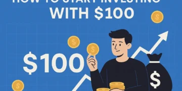 Illustration of a man holding coins with a financial growth chart, representing how to start investing with $100.