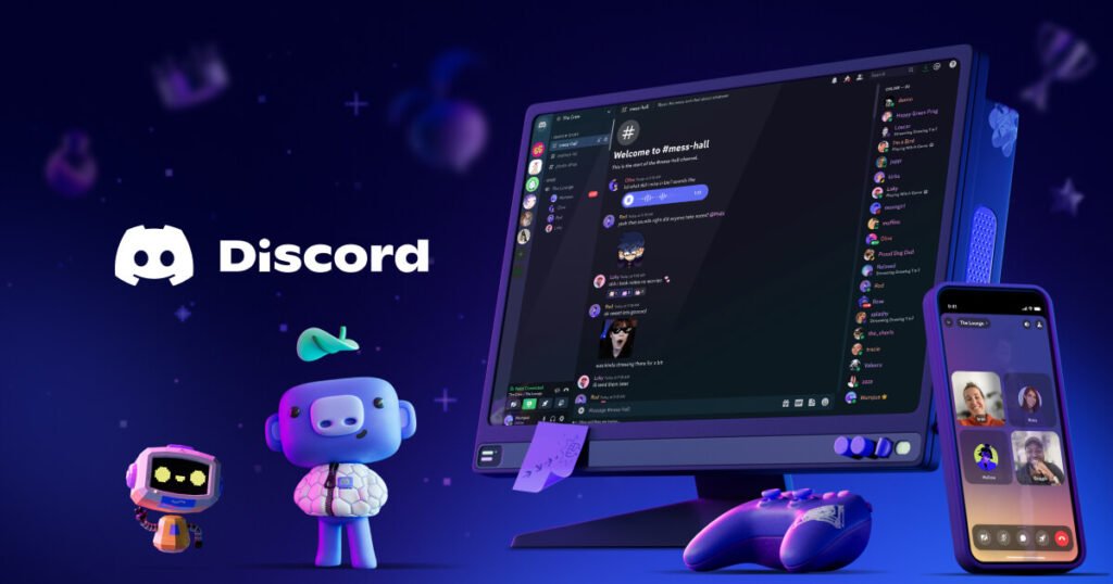 Discord interface on desktop and mobile, with animated Discord mascots and a galaxy-themed gaming setup—highlighting community-driven digital business models.