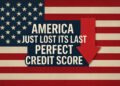Graphic illustrating the US credit downgrade 2025, with a distressed American flag and a bold red downward arrow symbolizing the loss of America's AAA rating.