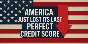 Graphic illustrating the US credit downgrade 2025, with a distressed American flag and a bold red downward arrow symbolizing the loss of America's AAA rating.