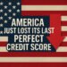 Graphic illustrating the US credit downgrade 2025, with a distressed American flag and a bold red downward arrow symbolizing the loss of America's AAA rating.