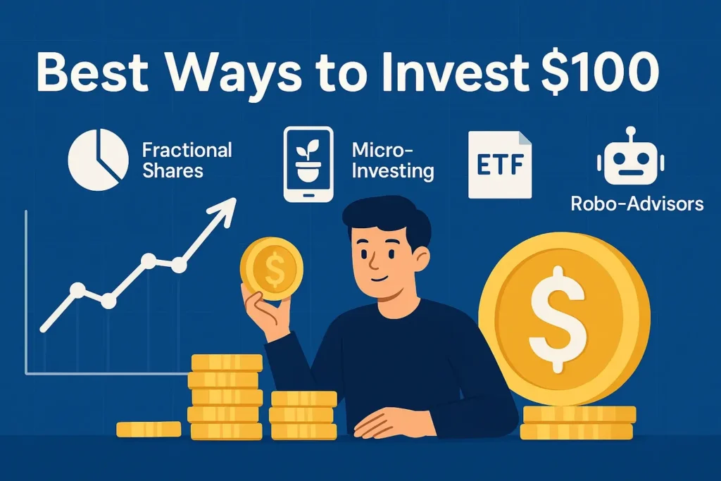 Digital illustration of investment options for beginners including fractional shares, micro-investing, ETFs, and robo-advisors.