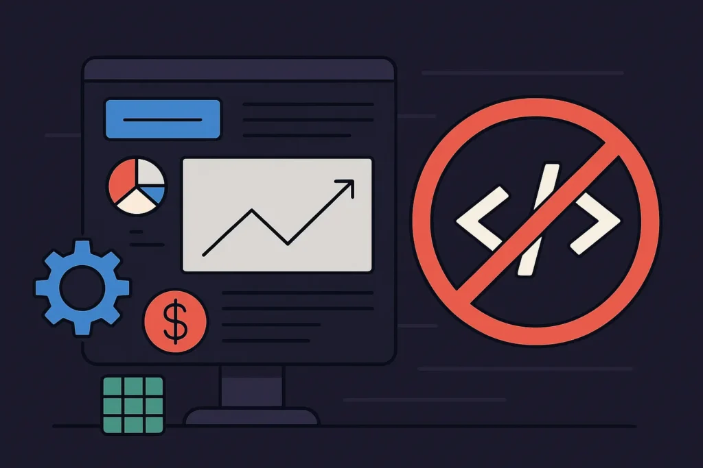 Dark-themed illustration of a computer dashboard with graphs and a no-code symbol for SaaS development