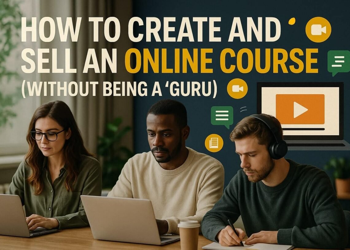 Group of diverse young professionals smiling and working on laptops under the headline “How to Create and Sell an Online Course (Without Being a 'Guru')”