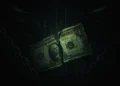 Dark dystopian dollar bill with secret symbols revealed, symbolizing the hidden power of money