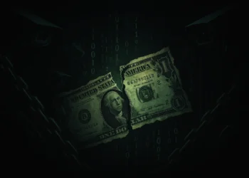 Dark dystopian dollar bill with secret symbols revealed, symbolizing the hidden power of money