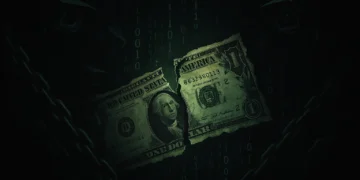 Dark dystopian dollar bill with secret symbols revealed, symbolizing the hidden power of money