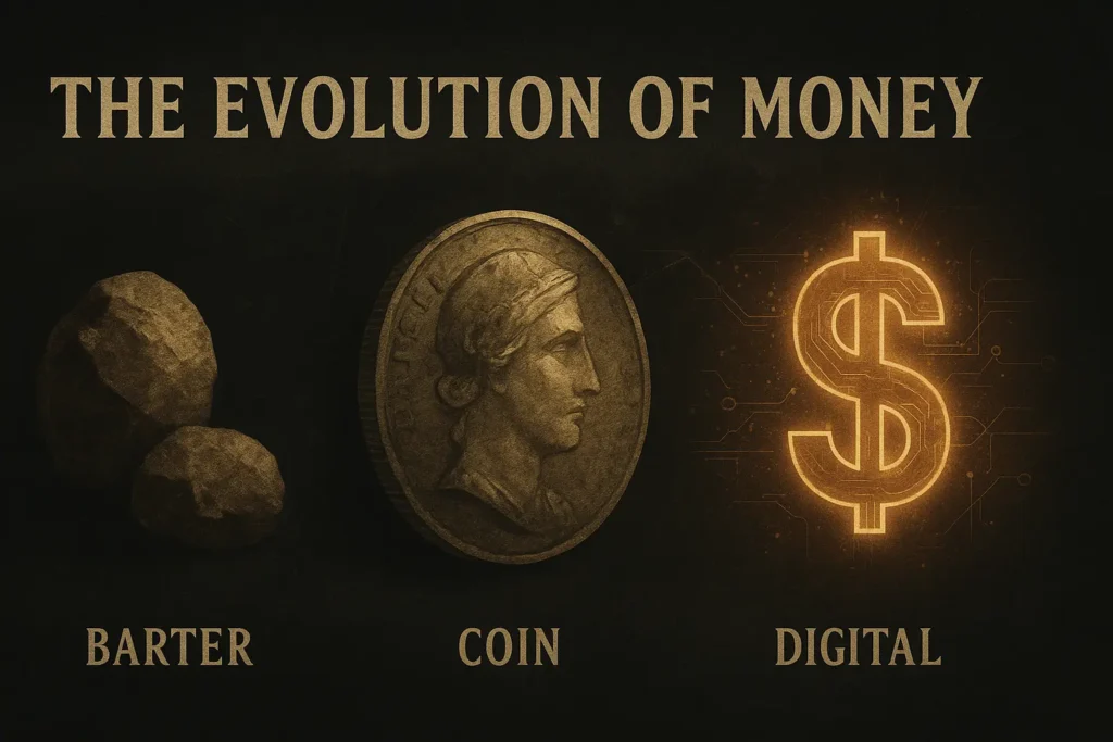 Timeline-style concept art showing the evolution of money from barter to blockchain