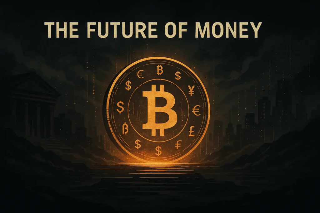Futuristic digital currency symbols glowing in a dark background representing the evolution of money