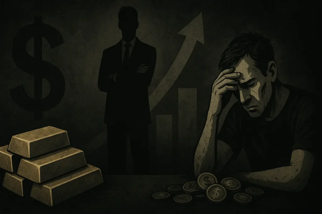 Moody concept art of a wealthy figure in control of financial symbols and systems