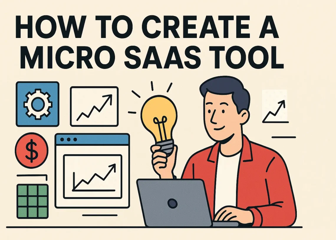 Man creating a Micro SaaS tool on laptop surrounded by startup icons and graphs