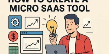 Man creating a Micro SaaS tool on laptop surrounded by startup icons and graphs