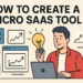 Man creating a Micro SaaS tool on laptop surrounded by startup icons and graphs
