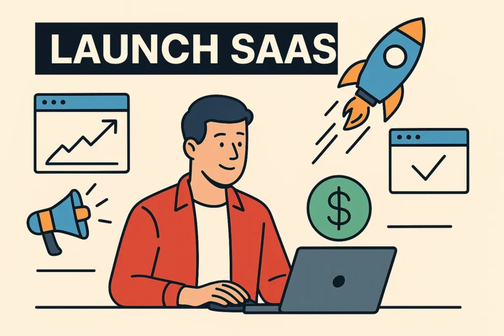Illustration of a man launching a SaaS with a rocket, laptop, megaphone, and dollar icon