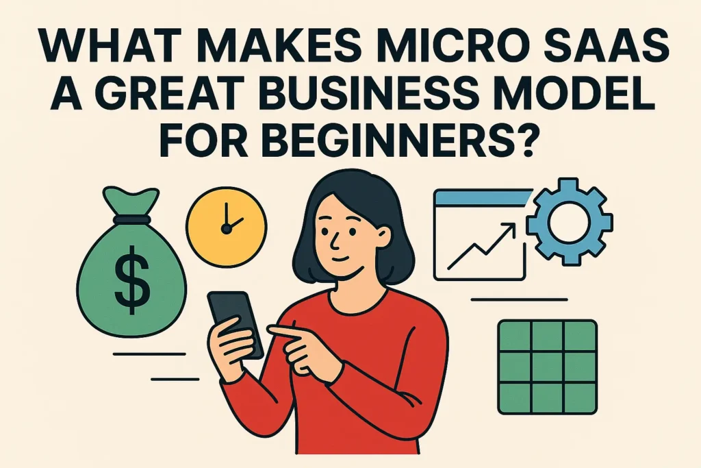 Illustration of a woman using her phone with business icons representing startup growth, money, and automation