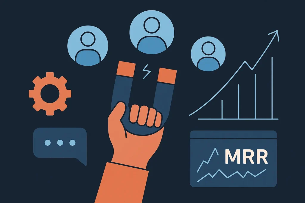 Dark theme illustration of a hand holding a magnet attracting users, with MRR and growth chart visuals