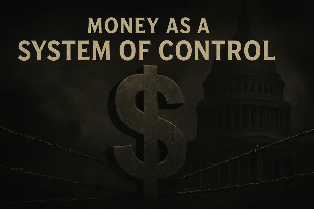 Dark abstract art of currency and surveillance to represent financial control systems