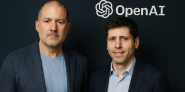 Jony Ive and Sam Altman stand side by side in front of the OpenAI logo, marking a $6.5B collaboration on a new AI hardware device.