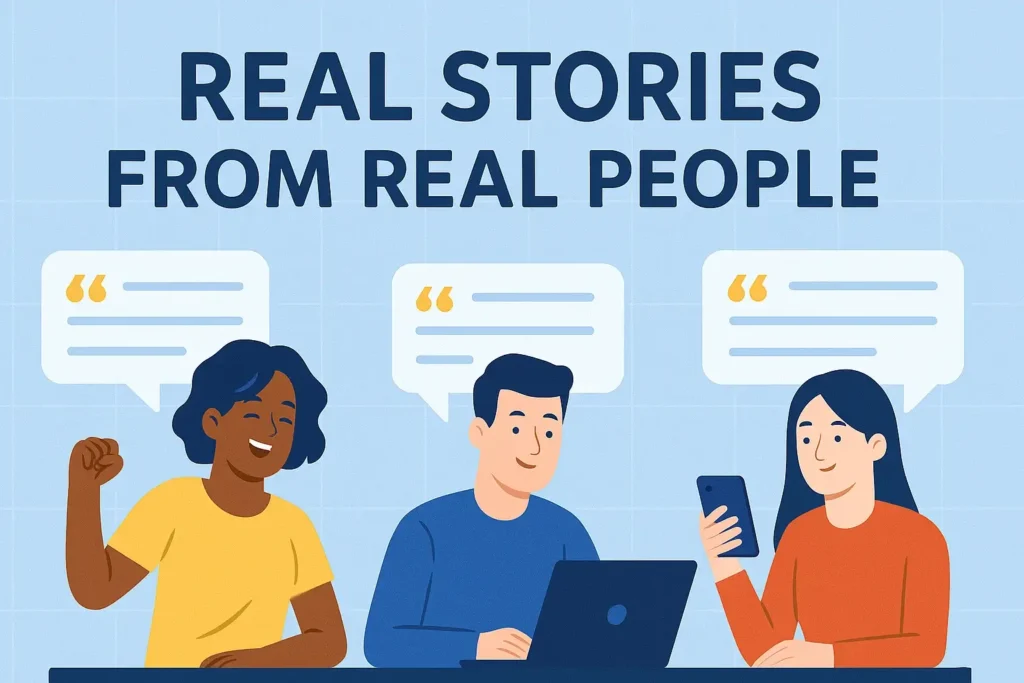 Illustration of three diverse individuals sharing testimonials about investing success with small amounts.