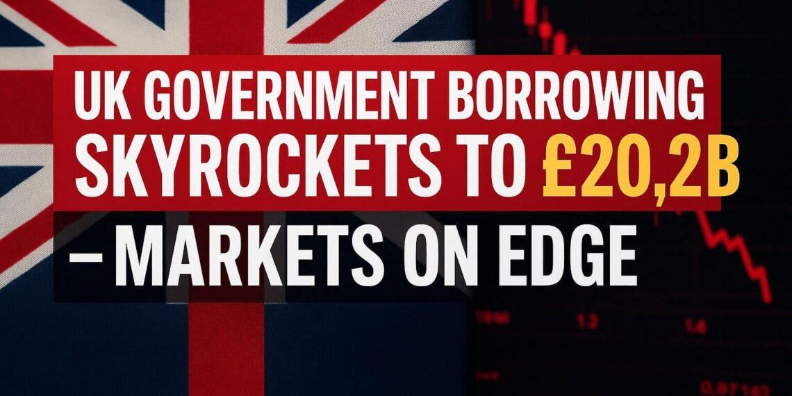 Headline graphic showing UK government borrowing rise to £20.2B with Union Jack and red market chart