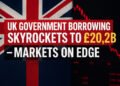 Headline graphic showing UK government borrowing rise to £20.2B with Union Jack and red market chart