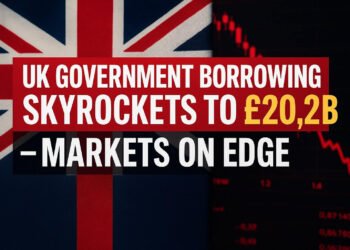 Headline graphic showing UK government borrowing rise to £20.2B with Union Jack and red market chart