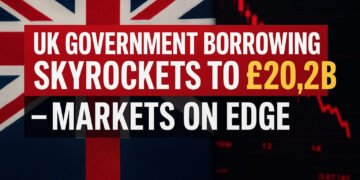 Headline graphic showing UK government borrowing rise to £20.2B with Union Jack and red market chart