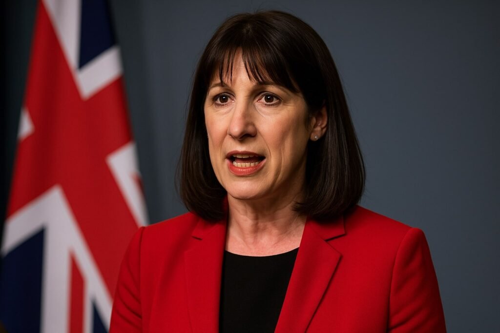 UK government official speaking at press event with Union Jack backdrop